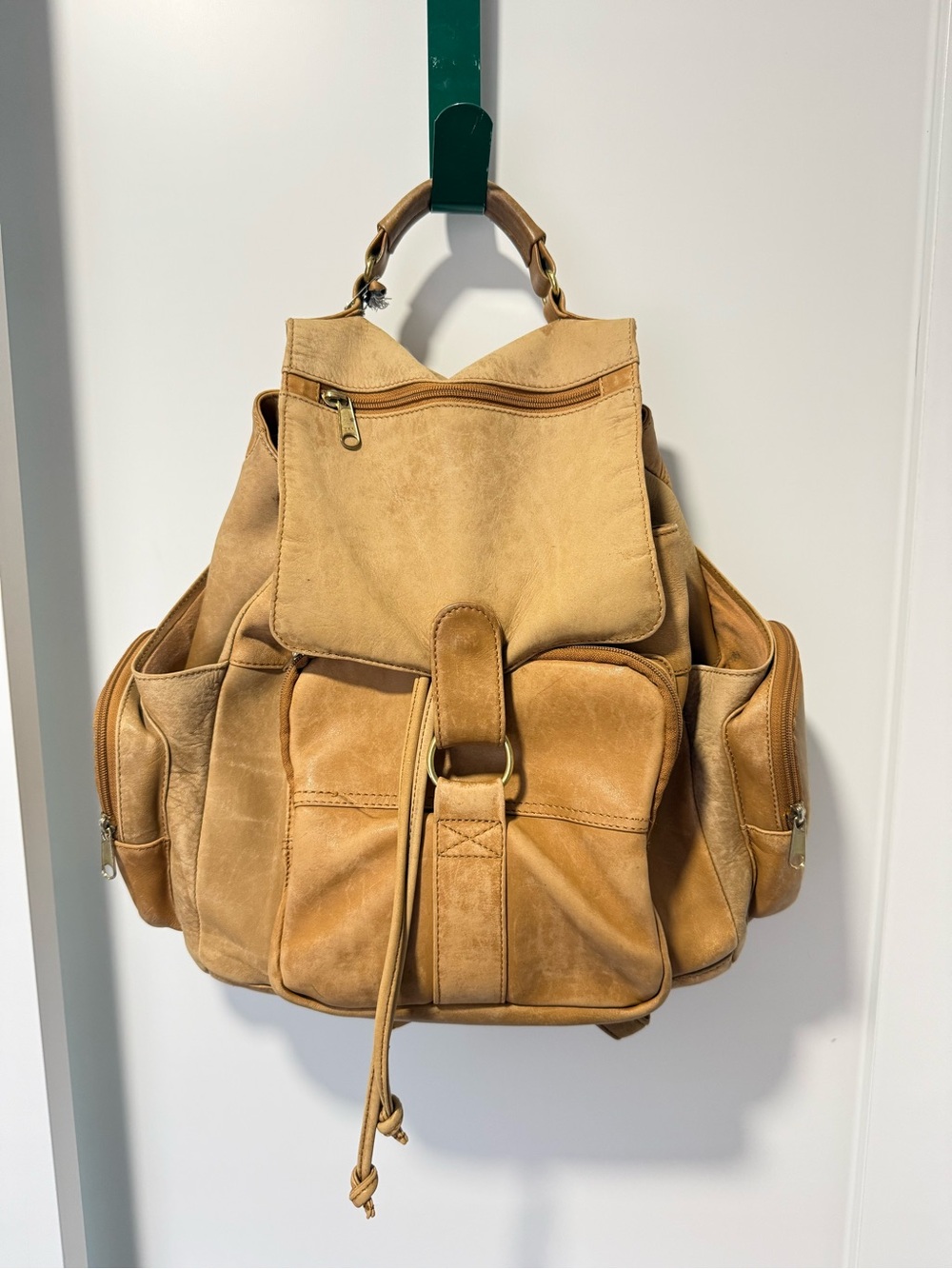 Casual Tan Leather Drawstring Backpack with Front Pockets